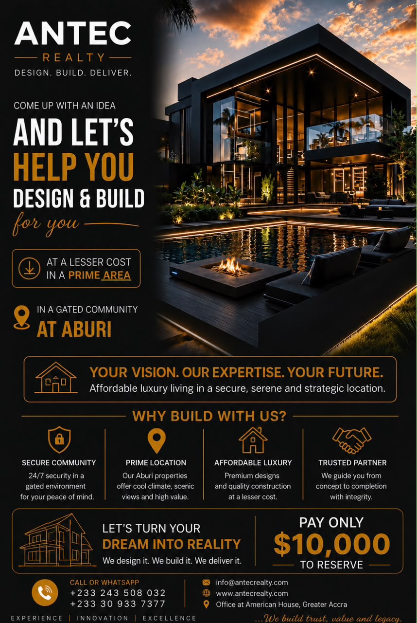 Antec Realty Aburi gated community flyer — design and build for you at a lesser cost